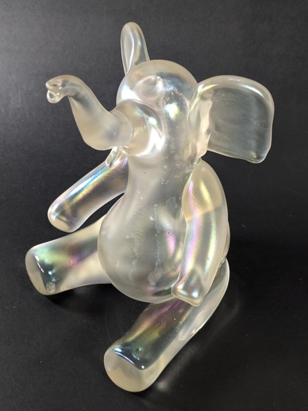 Iridescent Glass Elephant Figurine, Satin Gloss Paperweight, Whimsical Animal